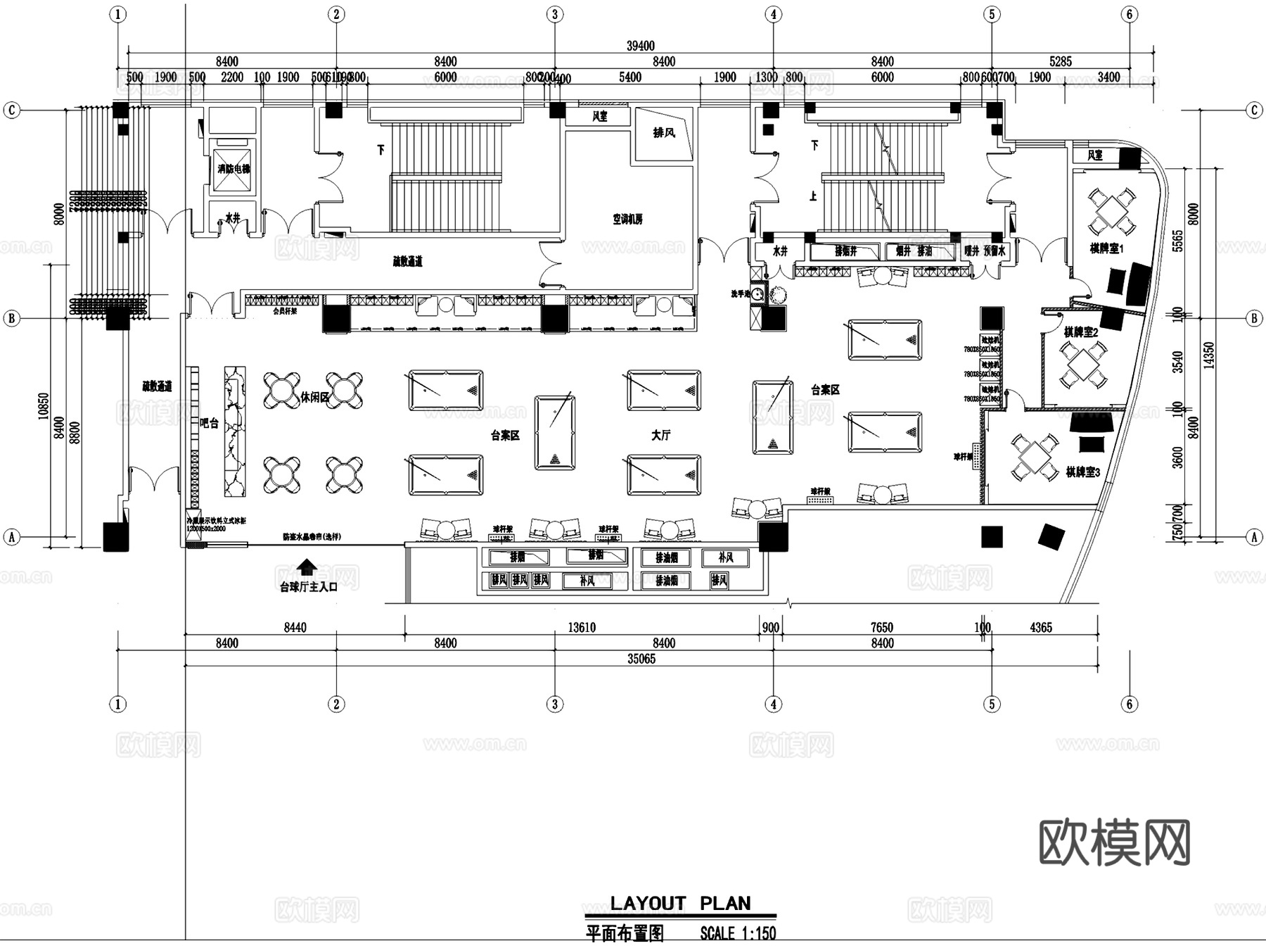 88桌球棋牌俱乐部台球厅室内工装CAD施工图cad施工图