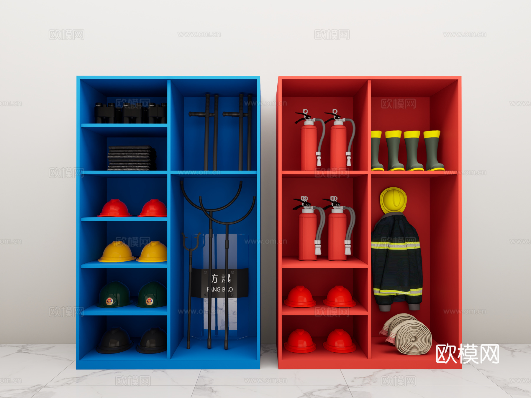 现代消防器材柜 强光手电 防爆头盔 警棍 防爆钢叉 灭火器su模型