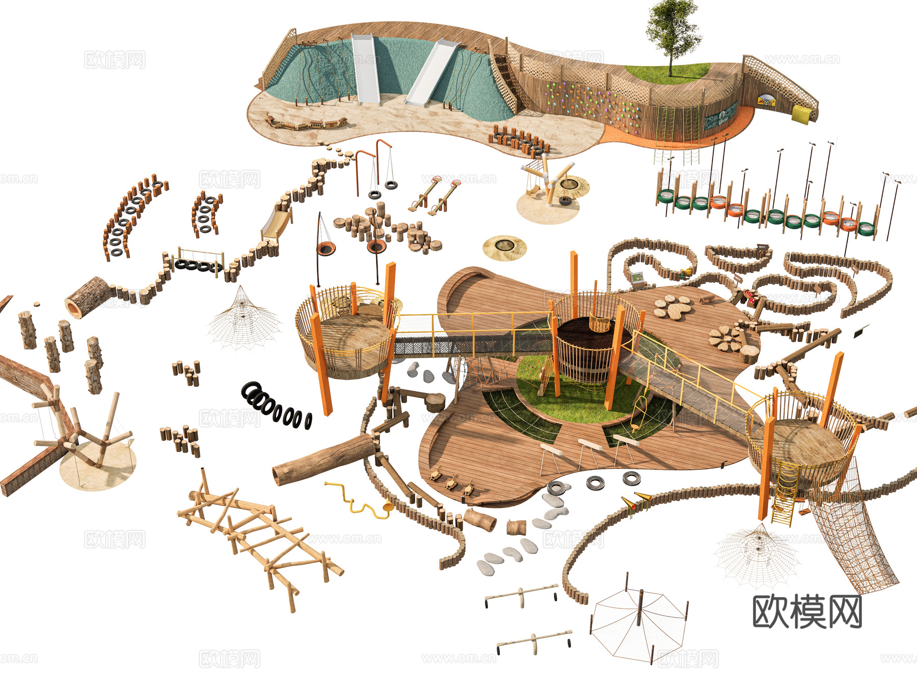 景观公园口袋公园 公园景观台廊架 儿童游乐场地 滑梯沙地沙坑su模型