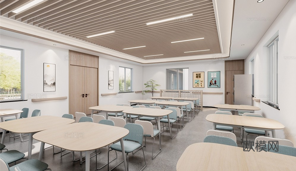 现代食堂 餐厅 员工食堂 老年养老院食堂 餐桌椅 绿植su模型