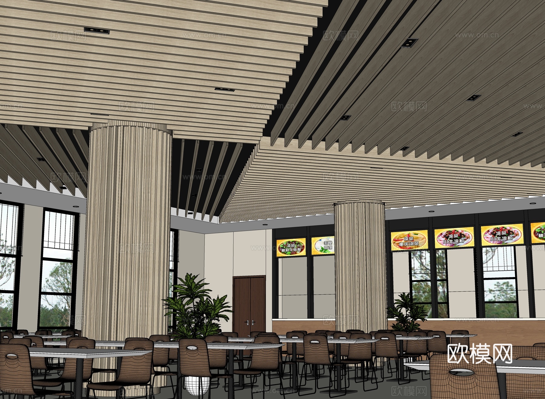 现代员工食堂 员工餐厅su模型