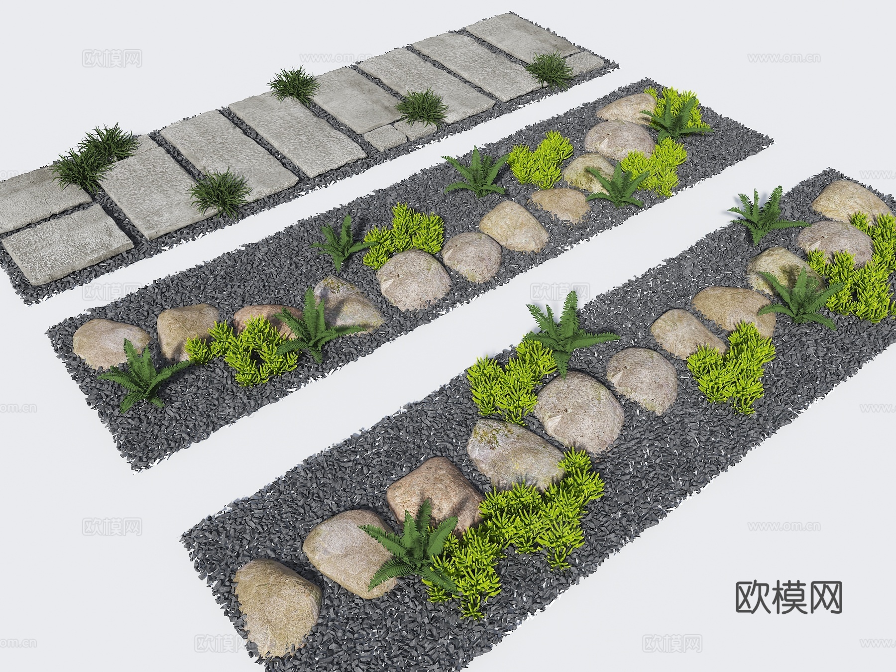 中式石板路 老石板路 园路 古朴小路 小园路 石块路 石头路su模型