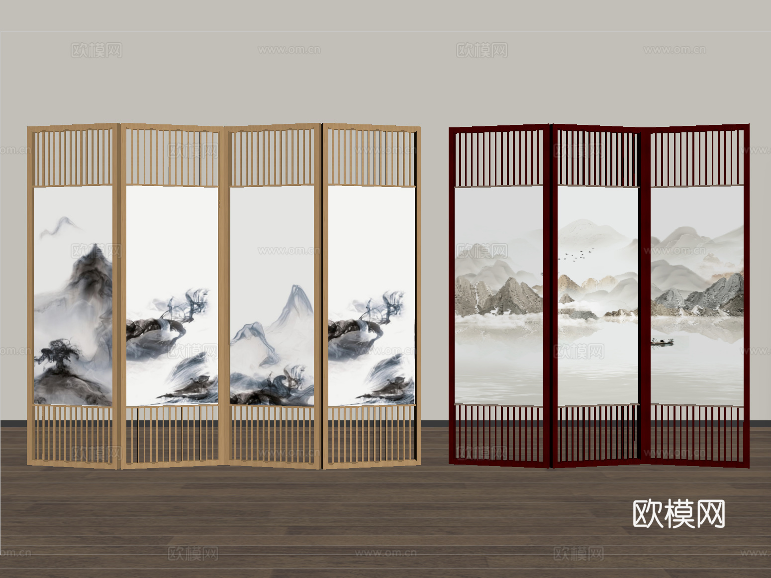 新中式折叠屏风隔断 实木格栅屏风su模型