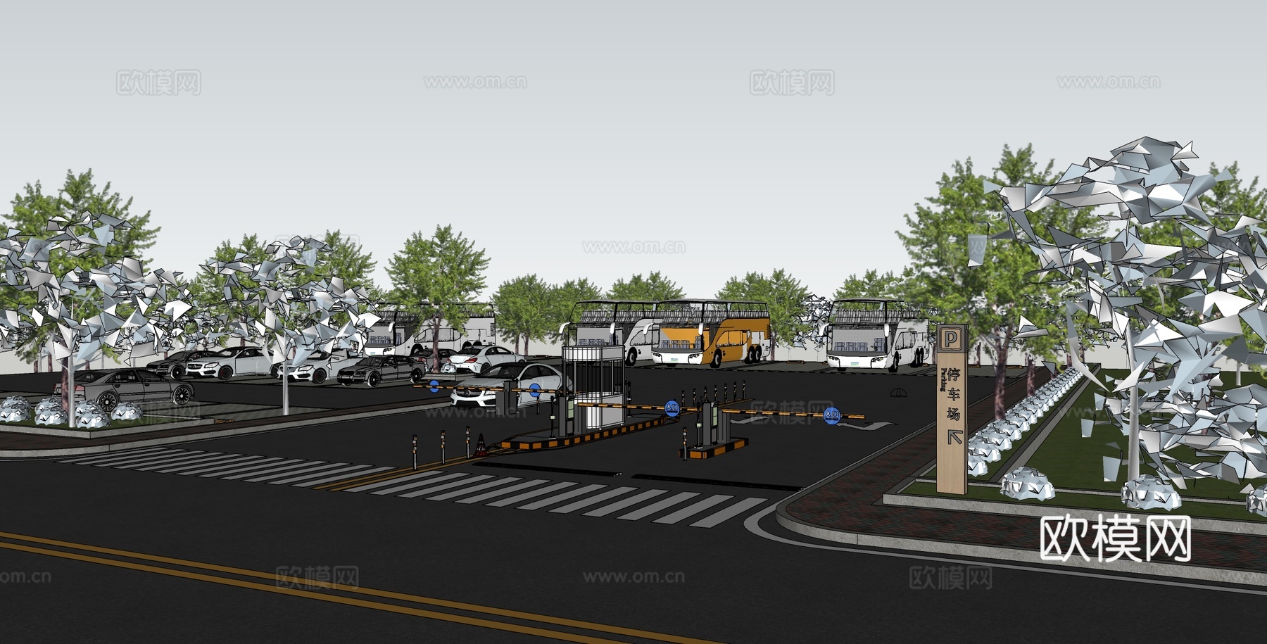 现代生态停车场 户外停车场 景区停车场su模型