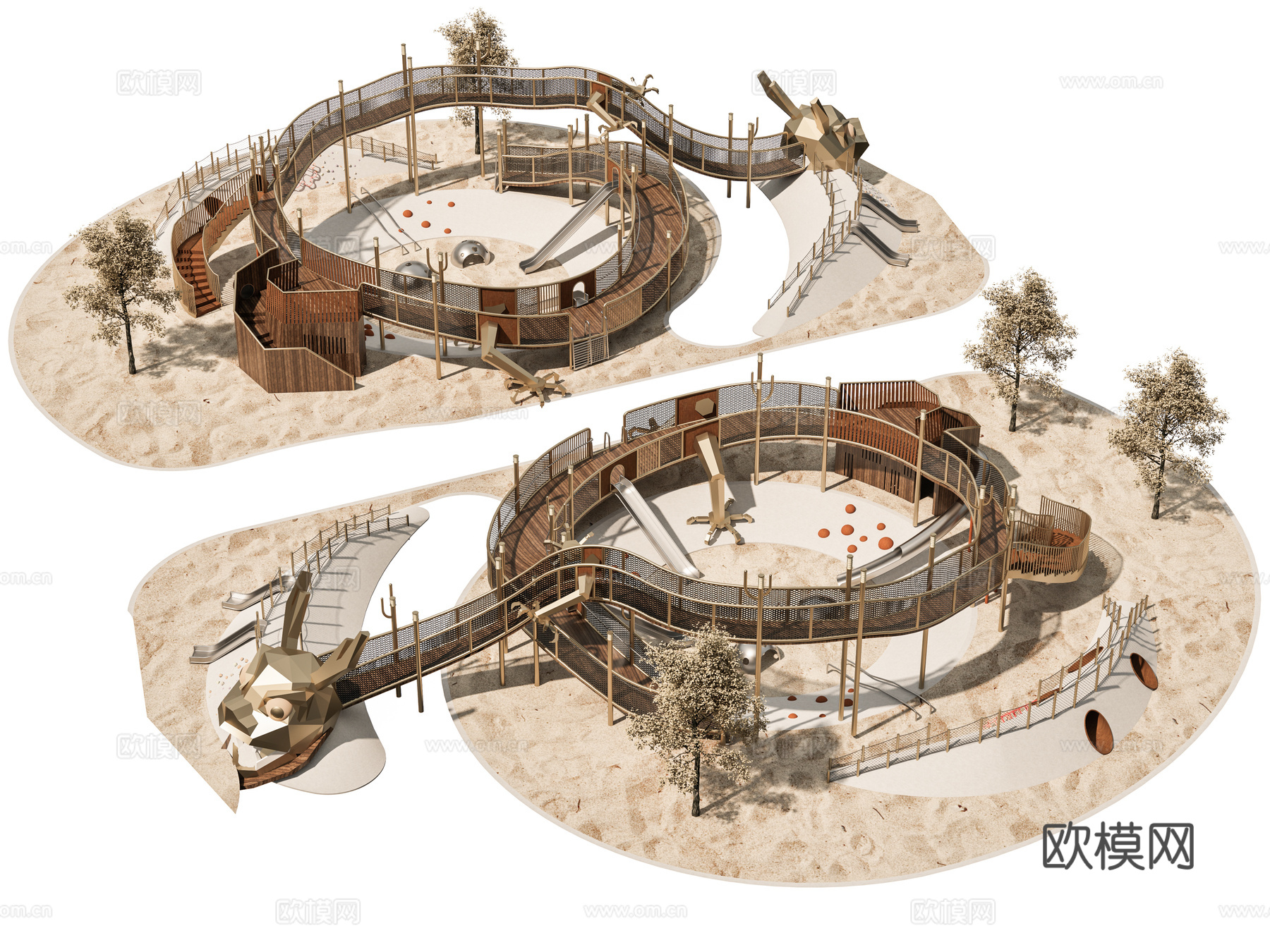 景观公园口袋公园 景观栈道景观台 儿童游乐场地 滑梯沙地沙坑su模型