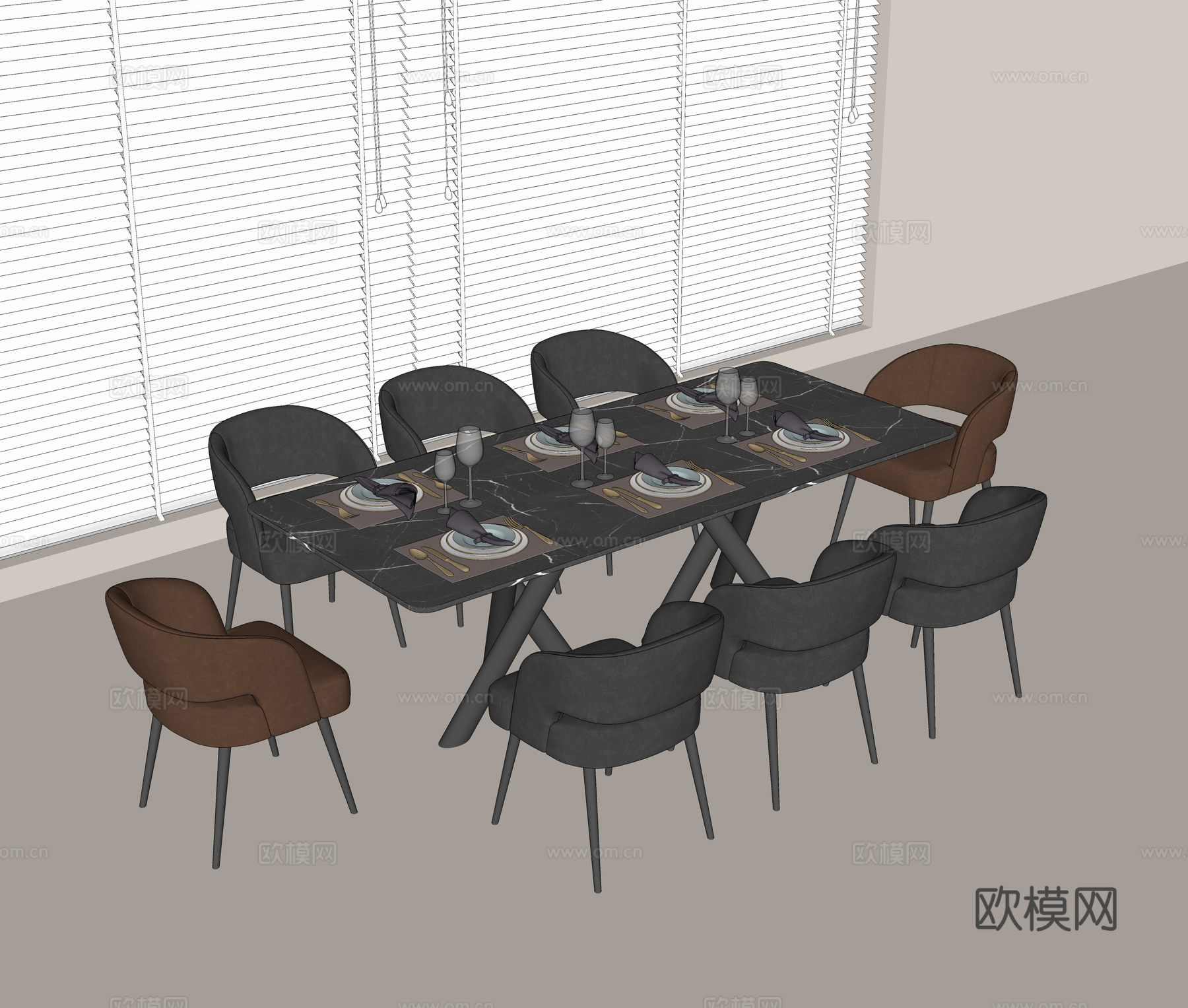 现代餐桌 大理石餐桌 皮质餐椅 餐桌椅组合 餐具su模型