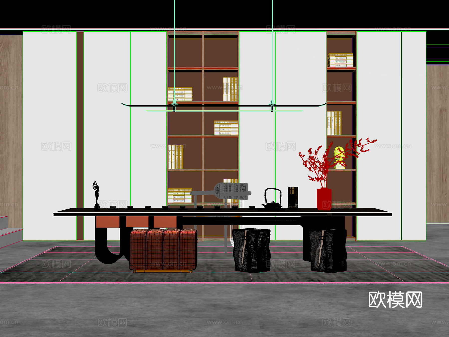 桌椅 茶桌椅 洽谈桌椅 博古架 吊灯3d模型下载（渲染图2）