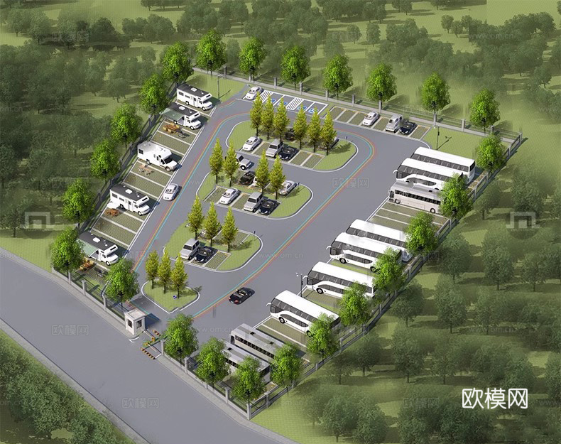 现代生态停车场 户外停车场 景区停车场su模型