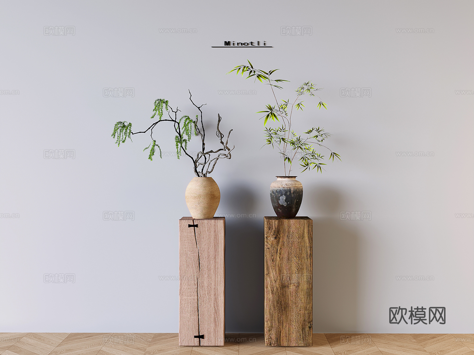 中式实木花架花几 侘寂风花几 陶罐绿植摆件 植物su模型