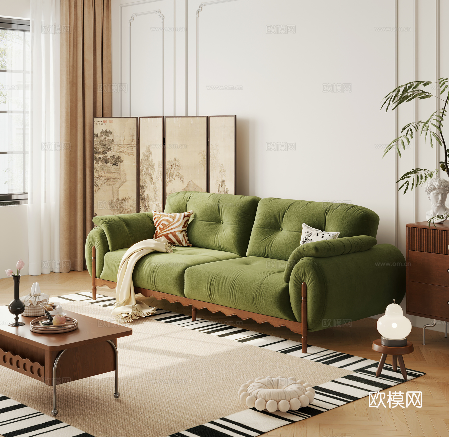 法式复古风沙发 双人位沙发 布艺沙发 实木沙发3d模型下载（渲染图2）