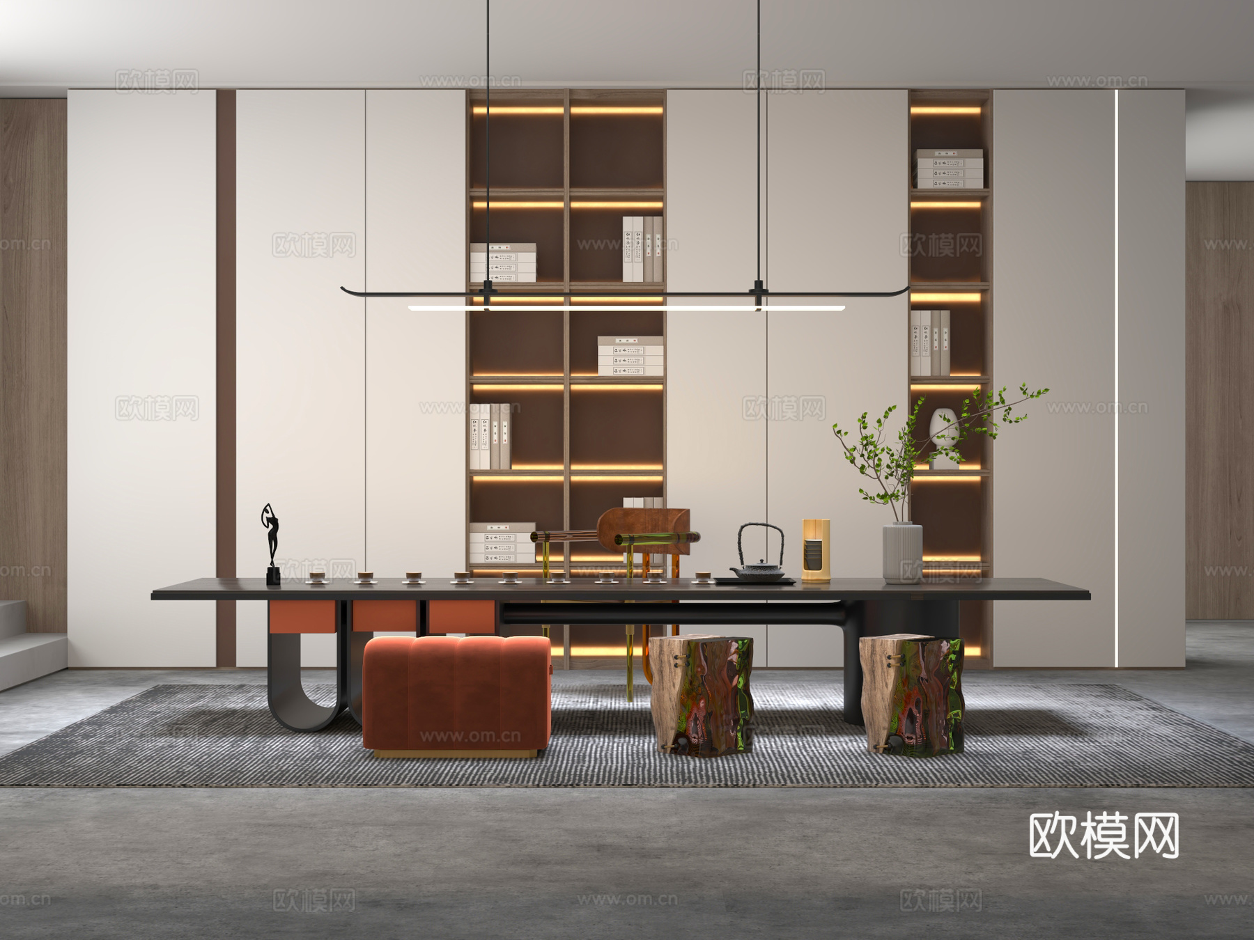 桌椅 茶桌椅 洽谈桌椅 博古架 吊灯3d模型下载（渲染图1）