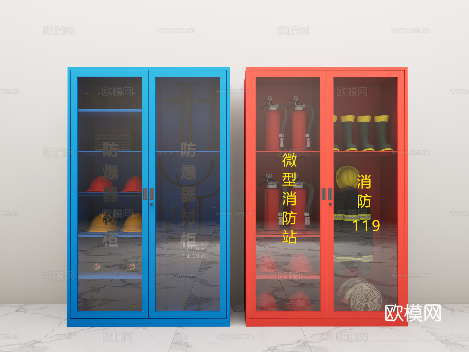 现代消防器材柜 强光手电 防爆头盔 警棍 防爆钢叉 灭火器su模型