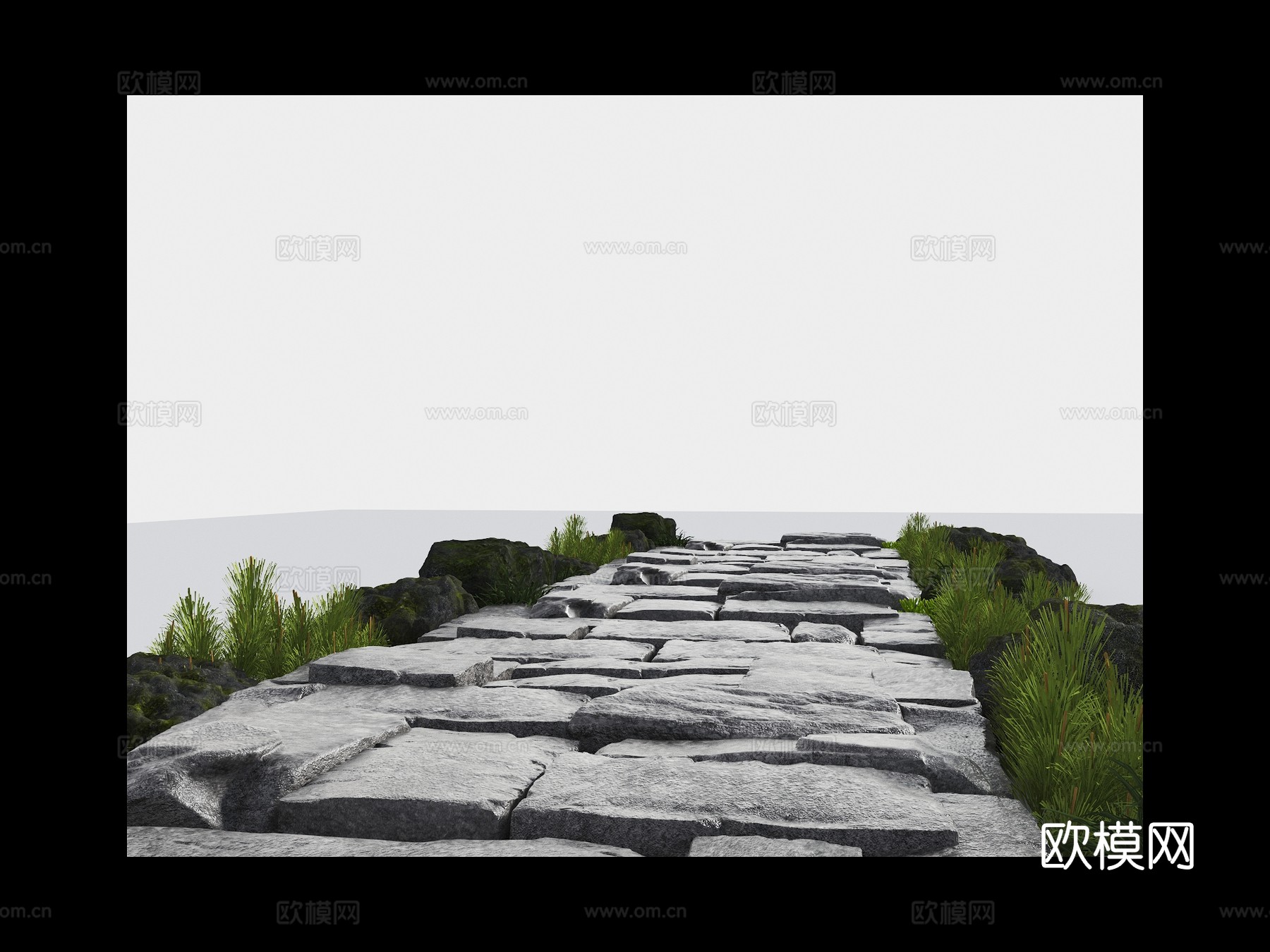 中式石板路 老石板路 园路 古朴小路 小园路 石块路su模型