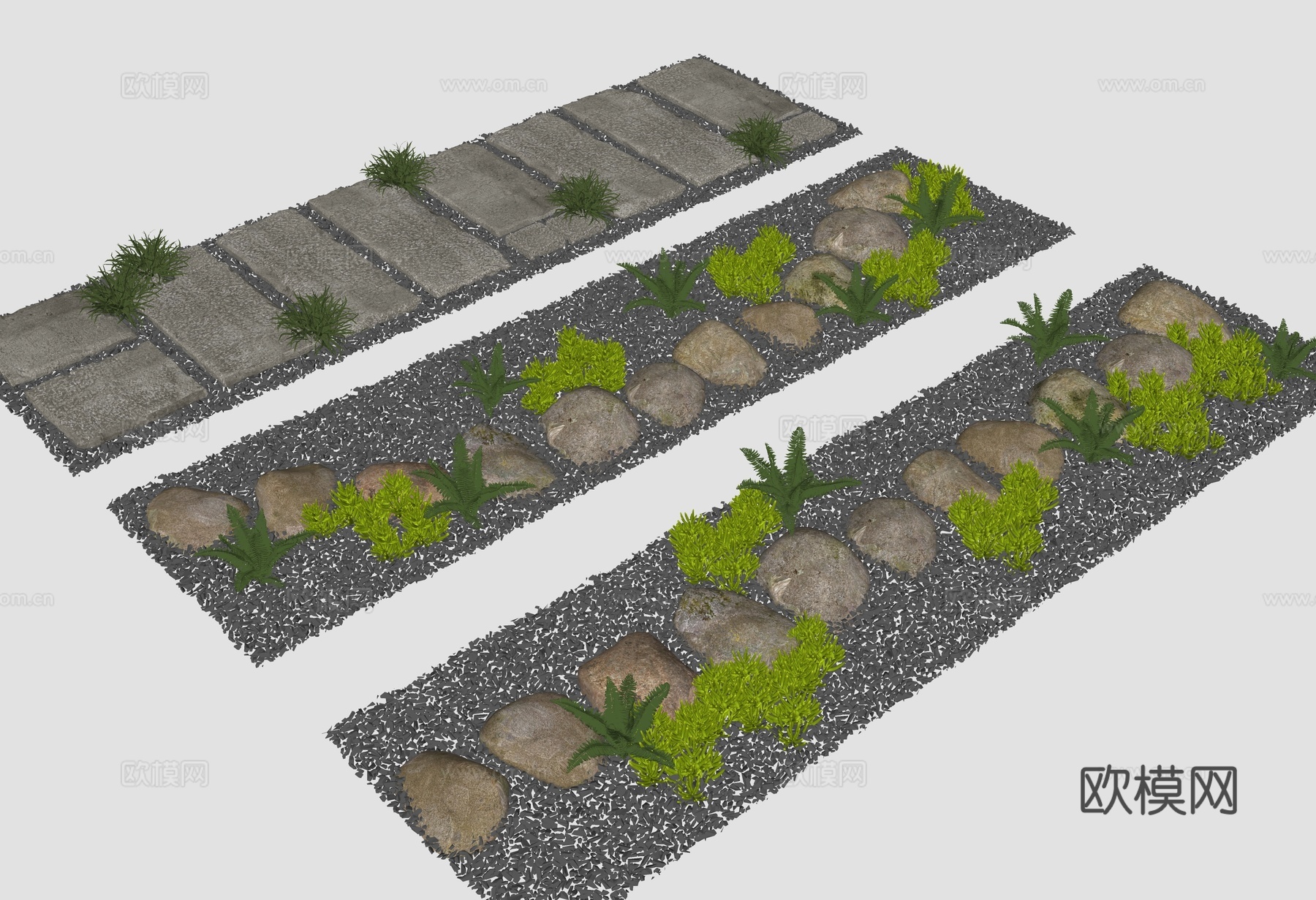 中式石板路 老石板路 园路 古朴小路 小园路 石块路 石头路su模型