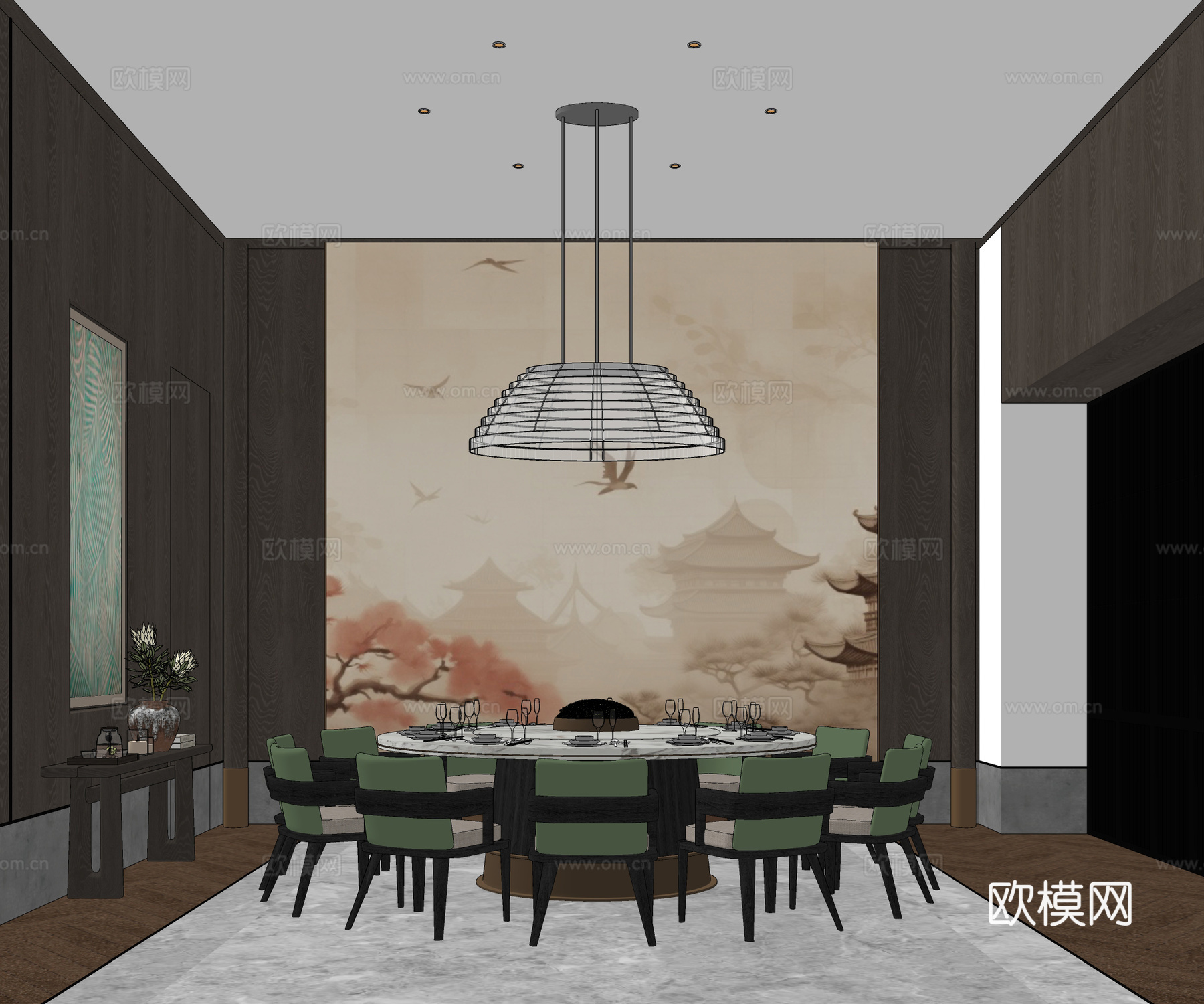 新中式餐厅包厢 包间 吊灯餐桌椅 条案su模型