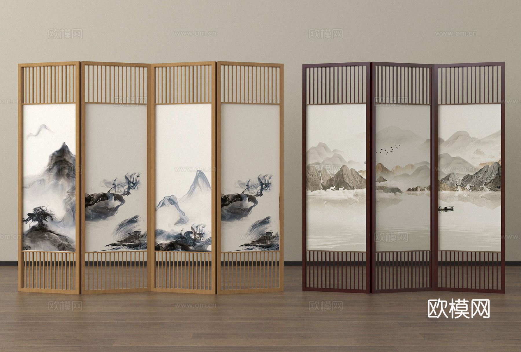 新中式折叠屏风隔断 实木格栅屏风su模型