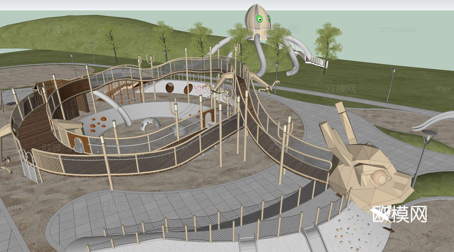 景观公园口袋公园 景观栈道景观台 儿童游乐场地 滑梯沙地沙坑su模型