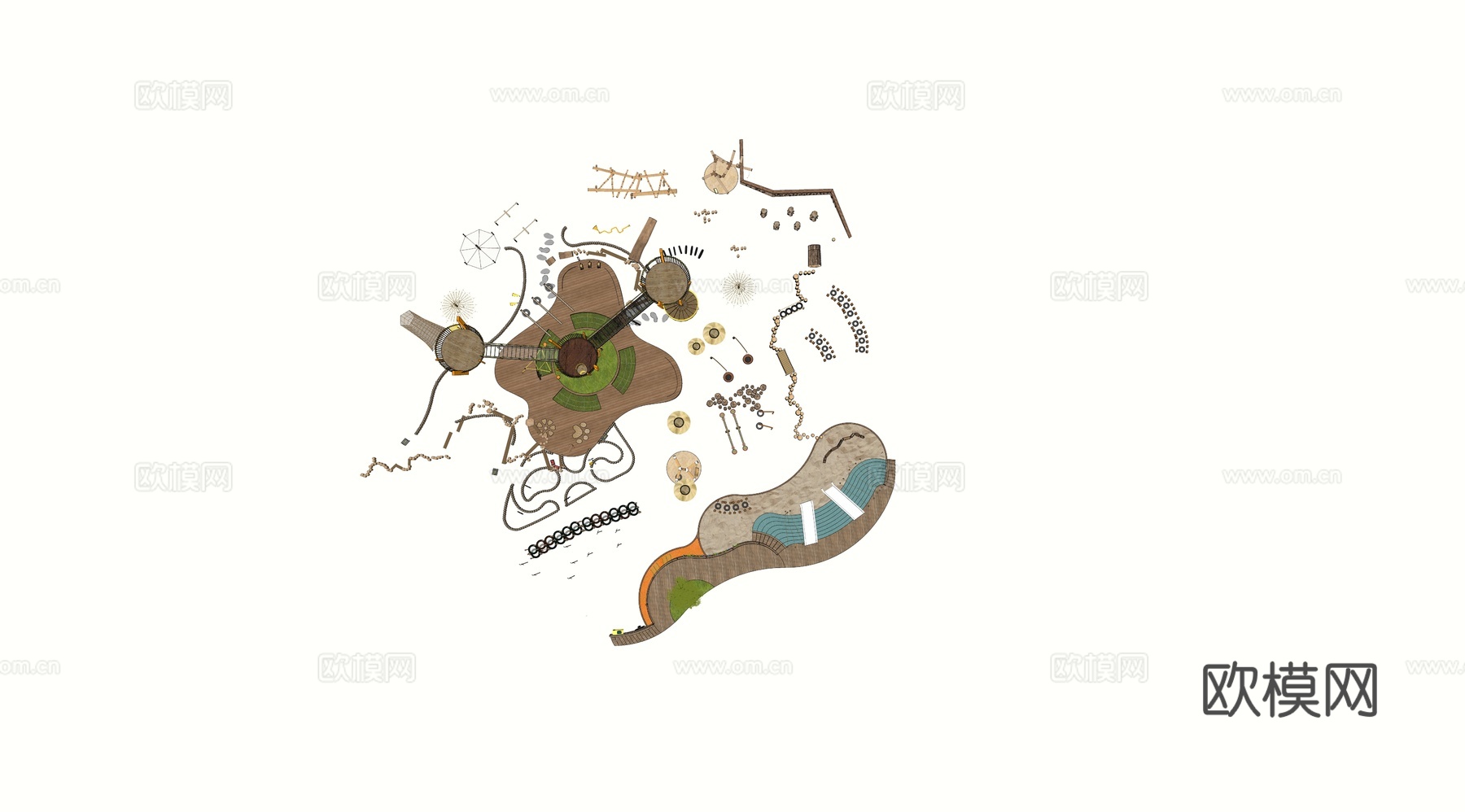 景观公园口袋公园 公园景观台廊架 儿童游乐场地 滑梯沙地沙坑su模型