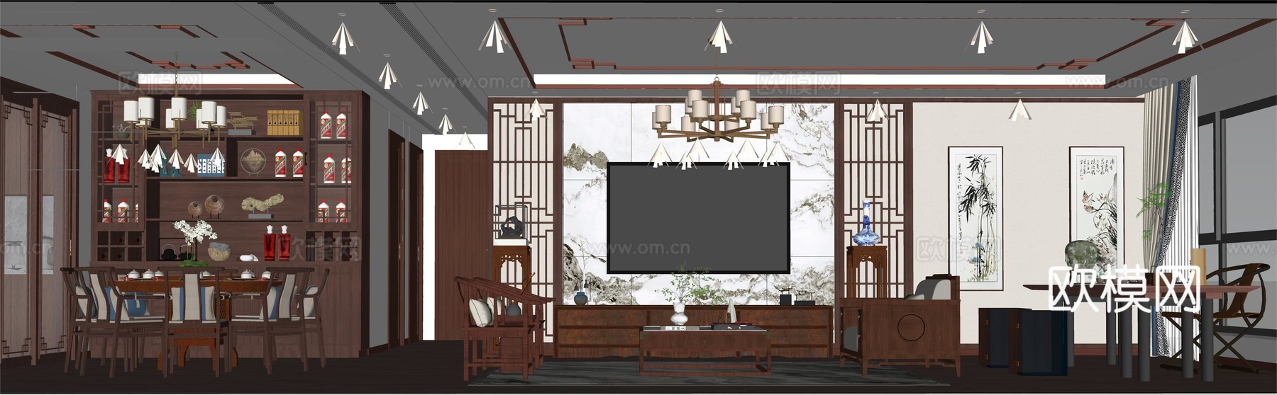 新中式客厅  客厅  沙发  电视背景墙su模型