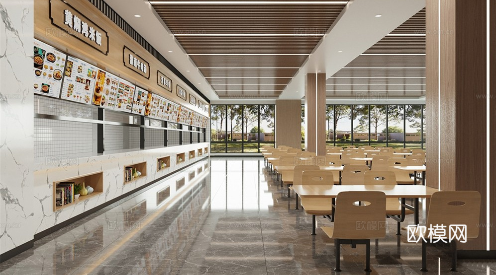 现代员工食堂 员工餐厅su模型