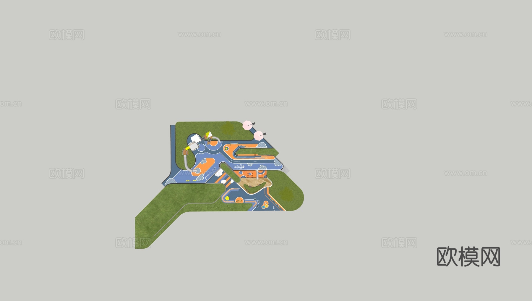 景观公园口袋公园 儿童游乐场地 塑胶跑道活动场地 滑梯 小区su模型