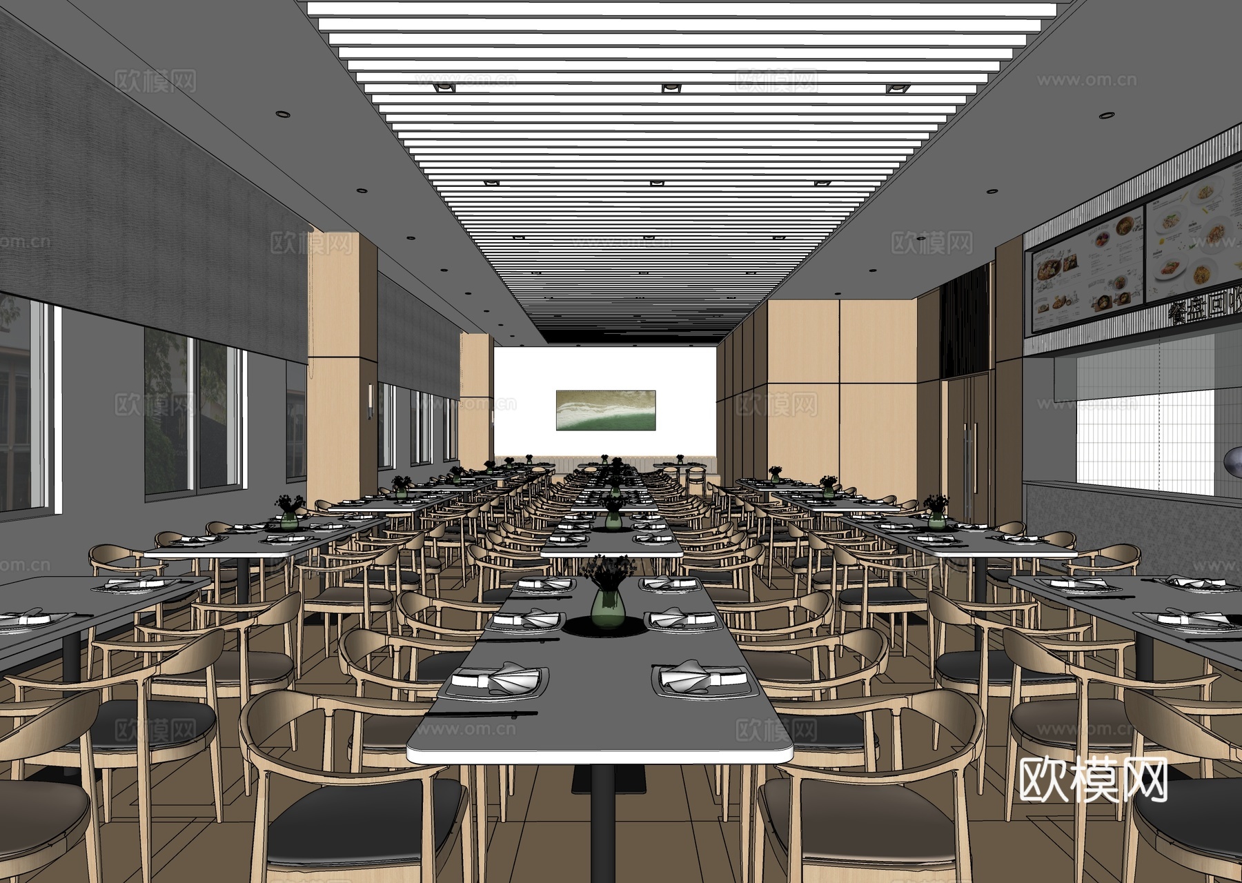 现代员工餐厅员工食堂  餐桌椅组合su模型