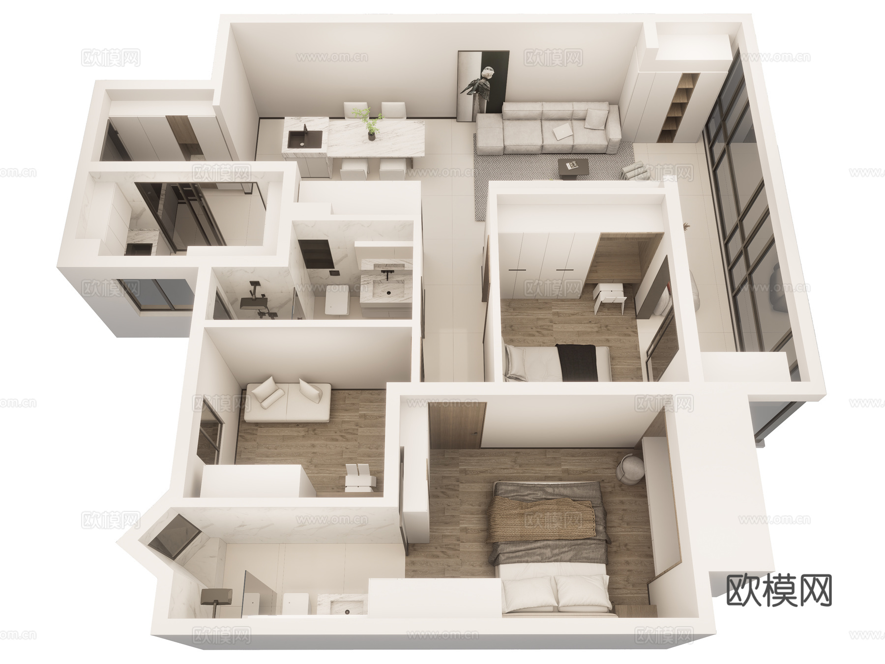 现代风格家装鸟瞰  样板房 客餐厅 卧室 厨房 卫生间 家具su模型
