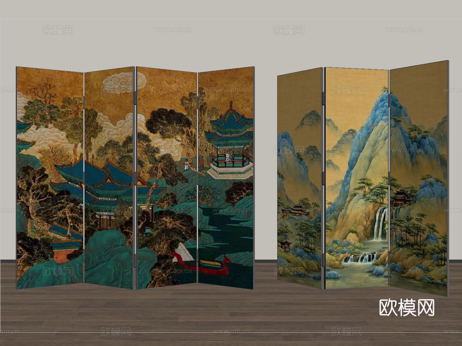 新中式折叠屏风隔断 实木格栅屏风su模型