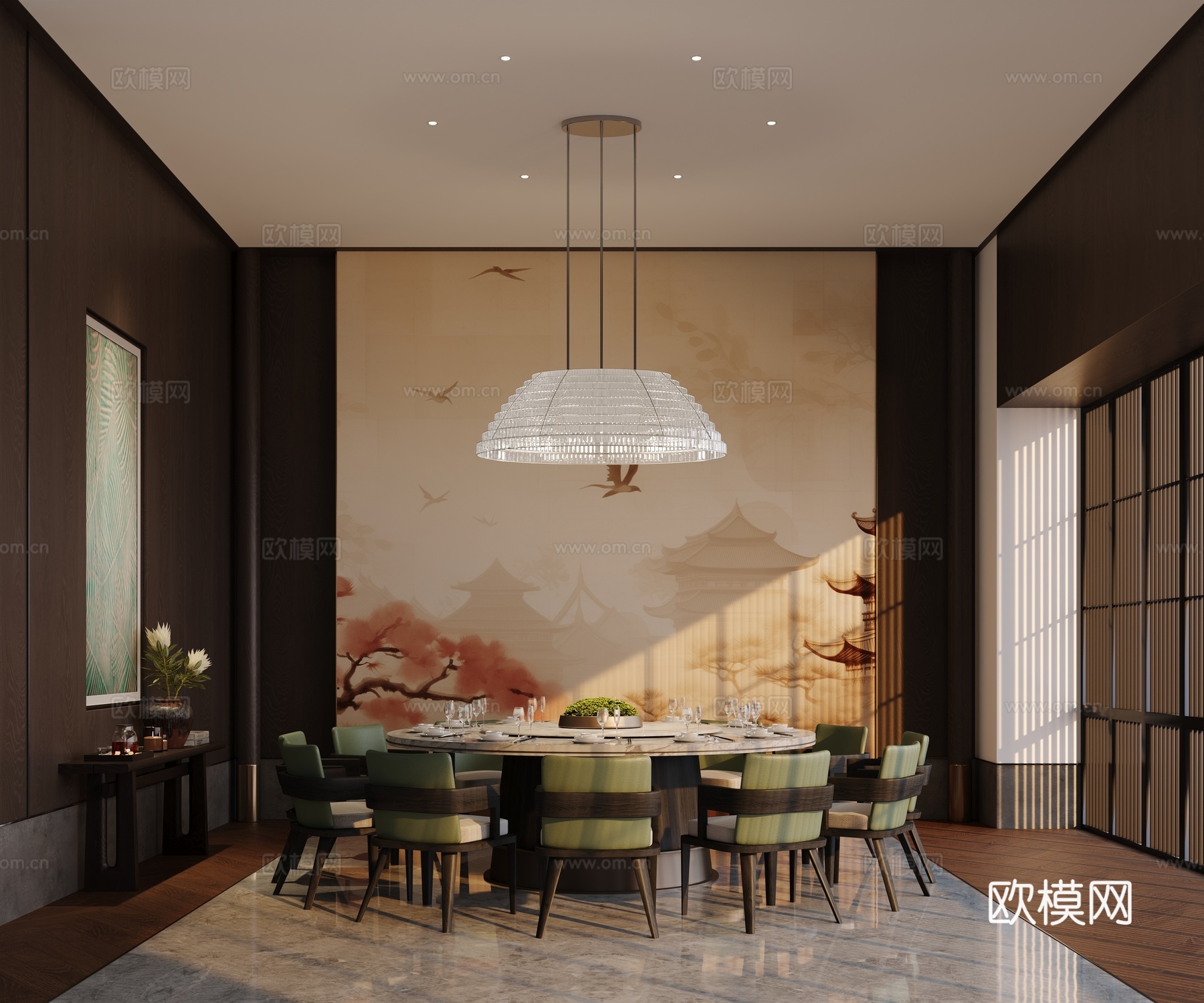 新中式餐厅包厢 包间 吊灯餐桌椅 条案su模型