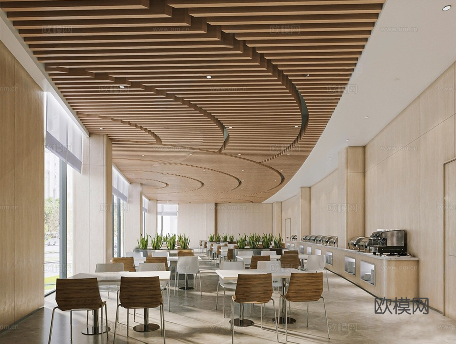 现代员工食堂 员工餐厅 餐桌椅组合su模型