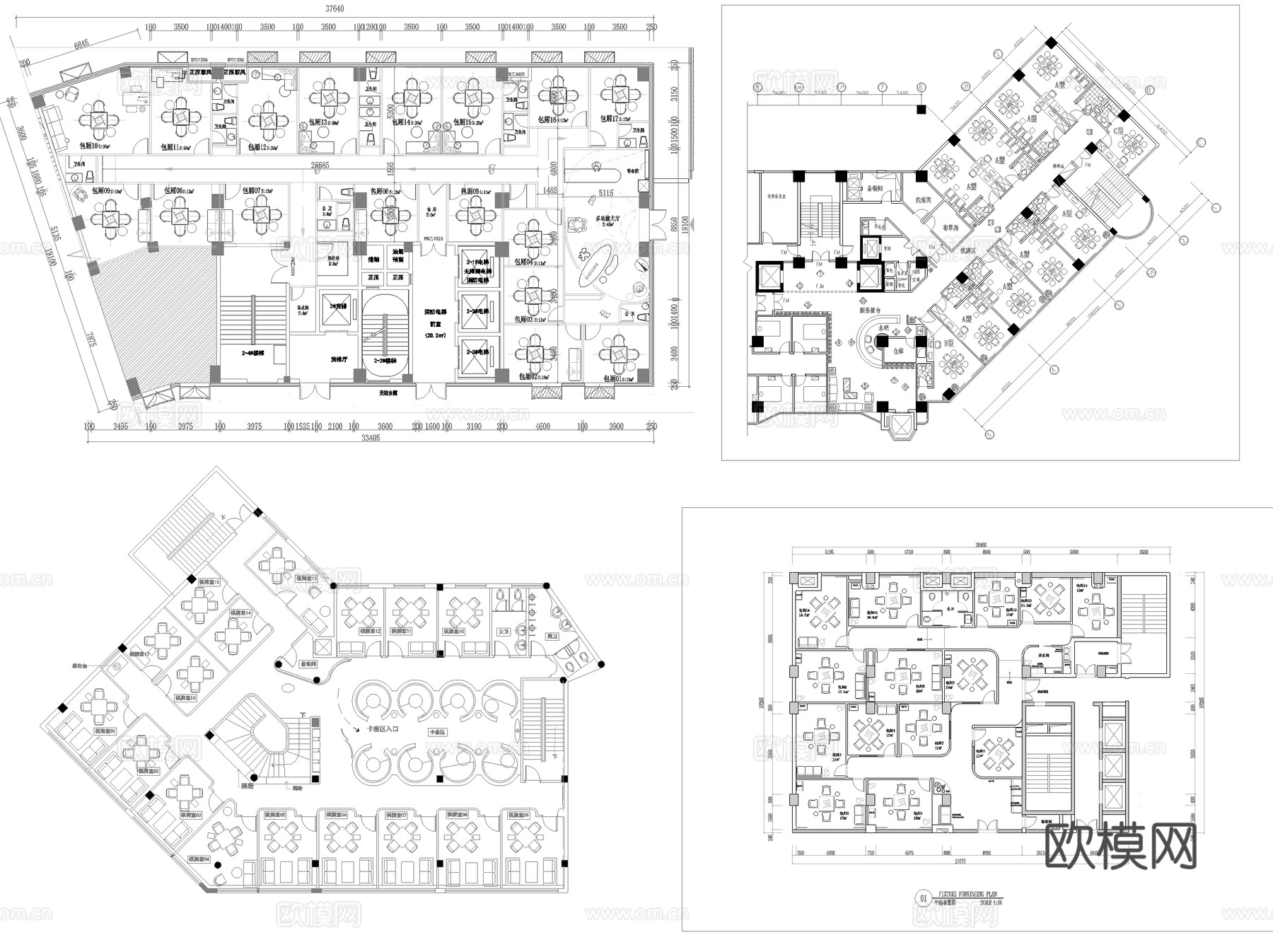 最新15套 棋牌室平面图 施工图合集cad施工图