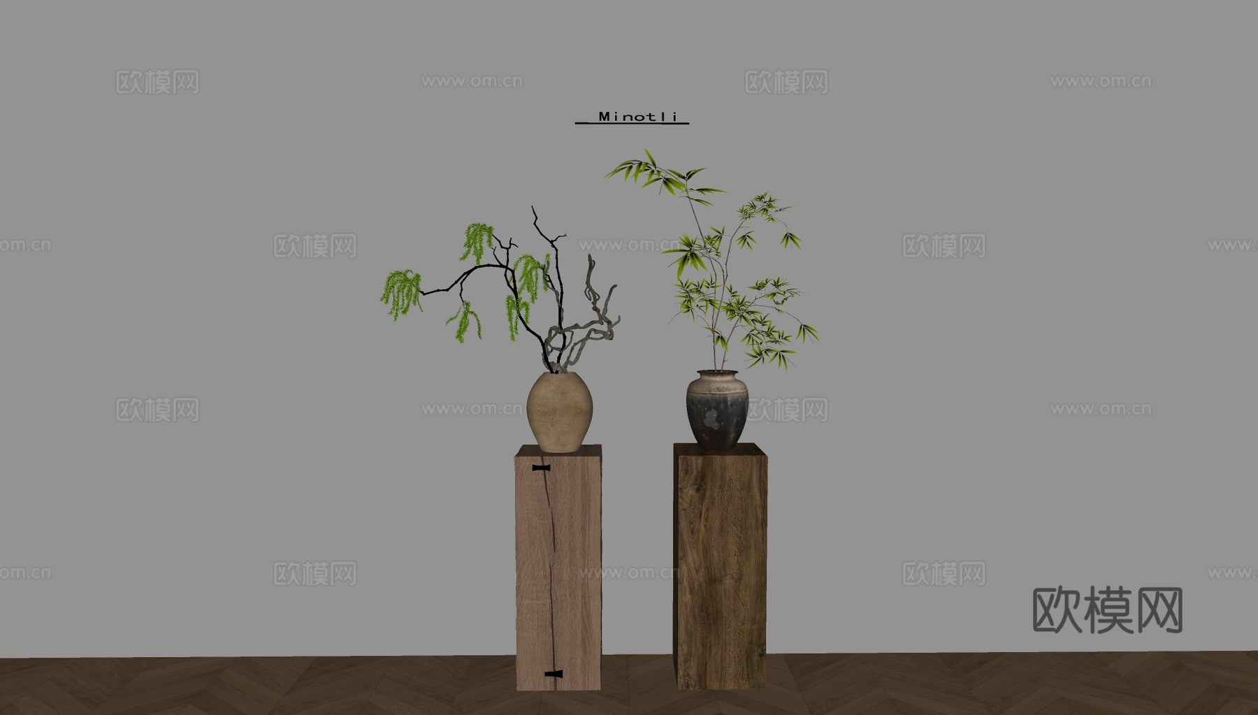 中式实木花架花几 侘寂风花几 陶罐绿植摆件 植物su模型