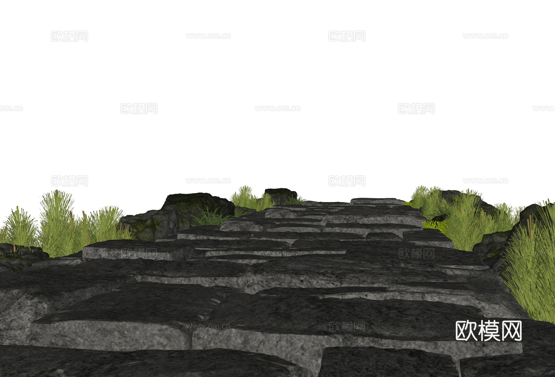 中式石板路 老石板路 园路 古朴小路 小园路 石块路su模型