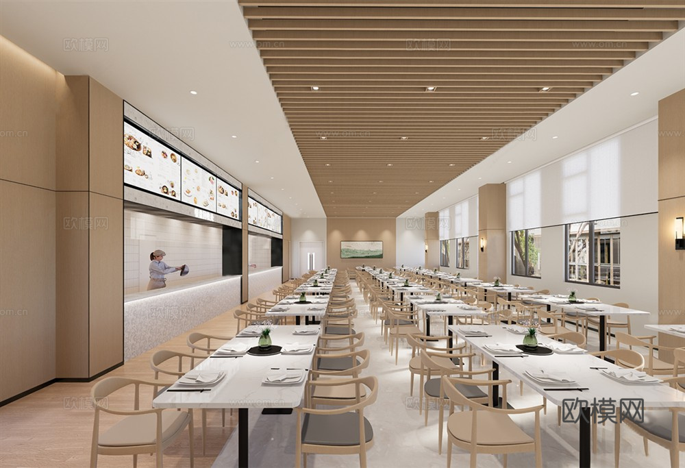 现代员工餐厅员工食堂  餐桌椅组合su模型