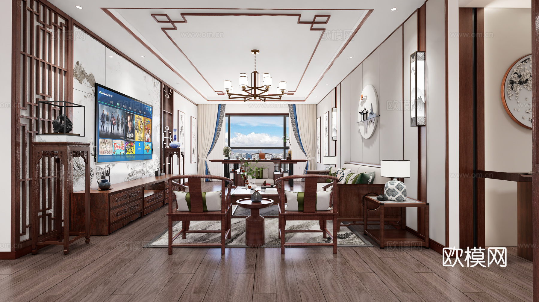 新中式客厅 客厅 沙发 电视背景墙su模型