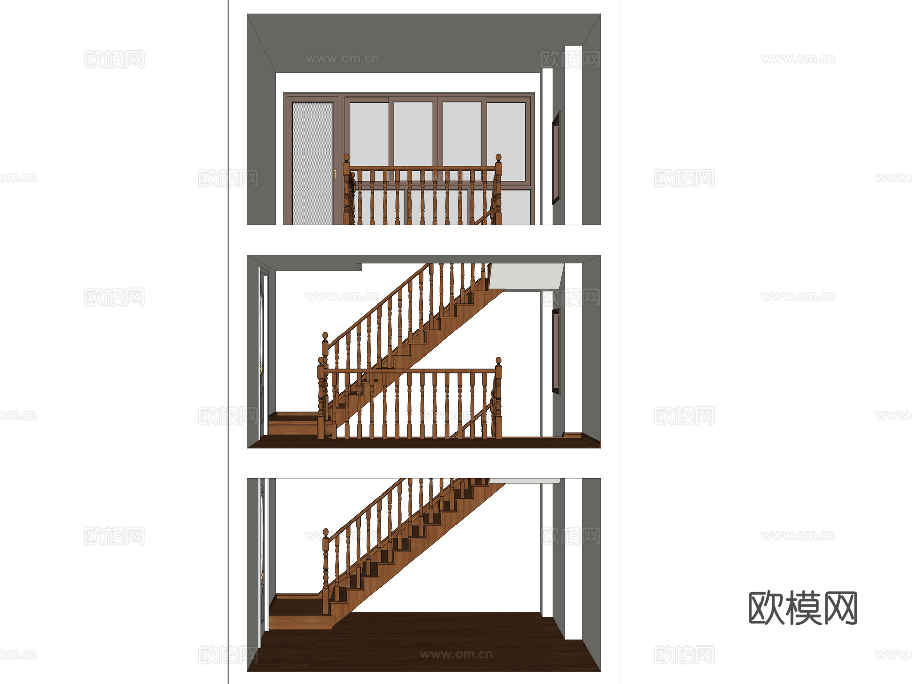 欧式木质扶手楼梯 转角楼梯 罗马柱 栏杆 护栏 楼梯 室内su模型