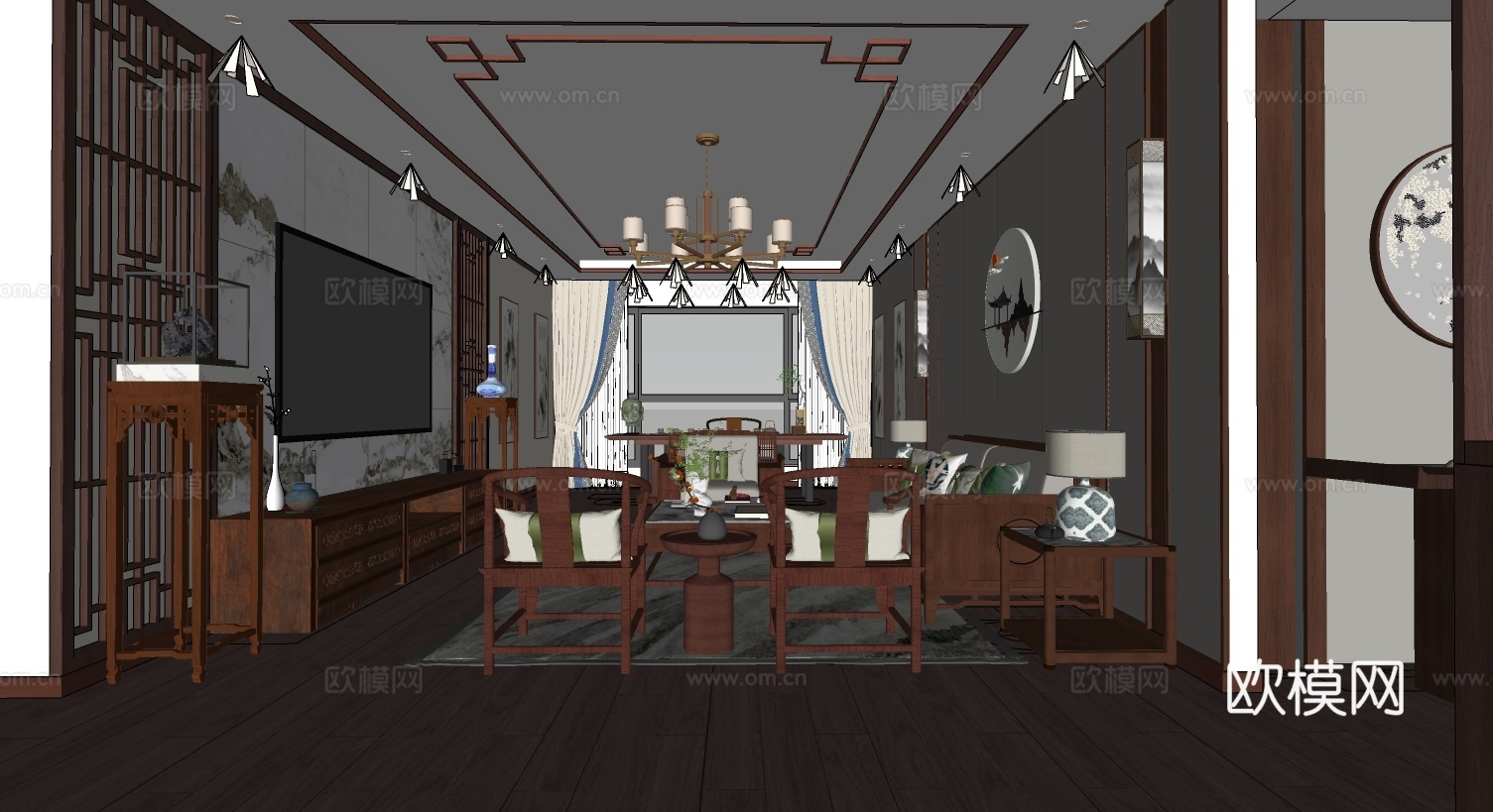 新中式客厅 客厅 沙发 电视背景墙su模型