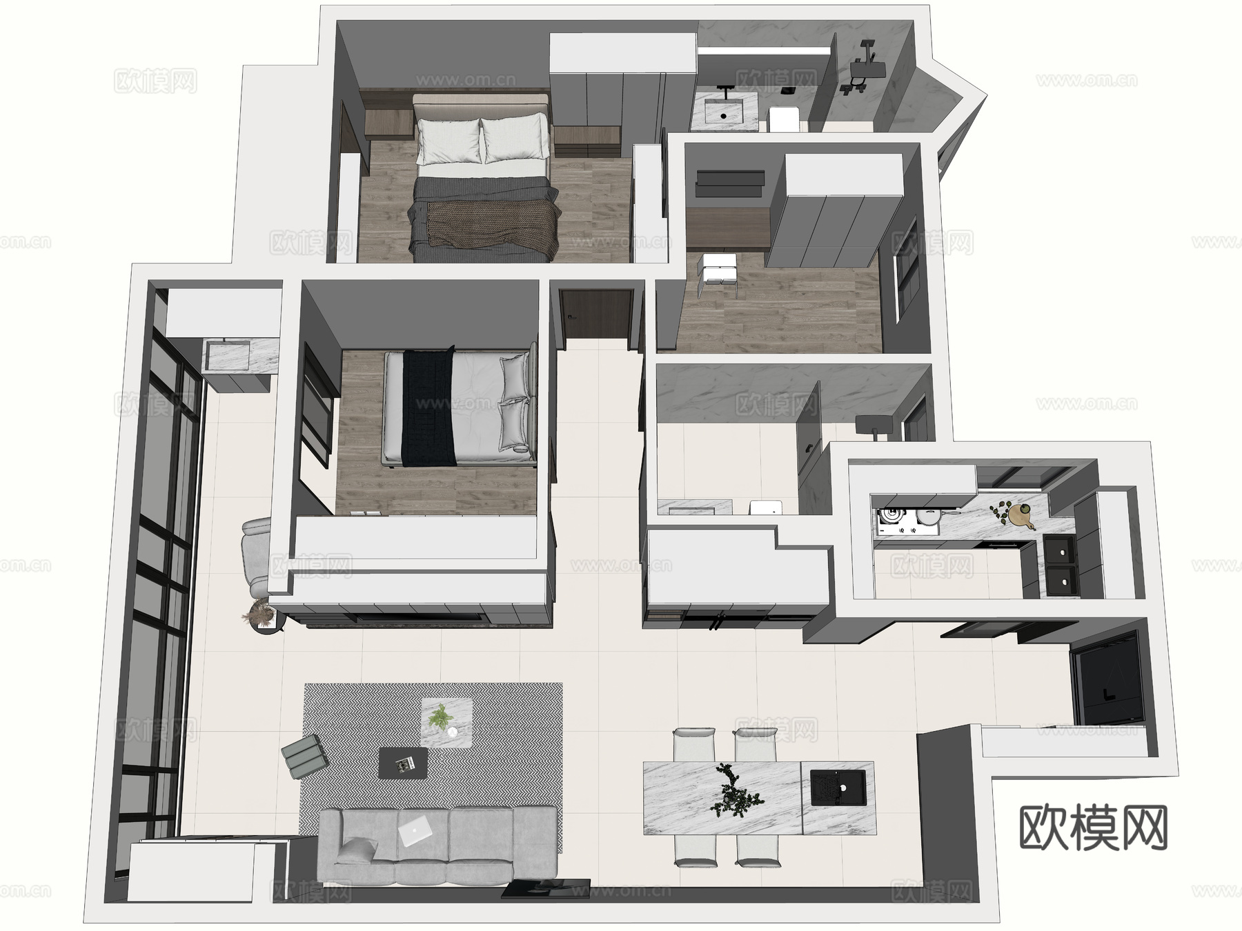现代风格家装鸟瞰  样板房 客餐厅 卧室 厨房 卫生间 家具su模型