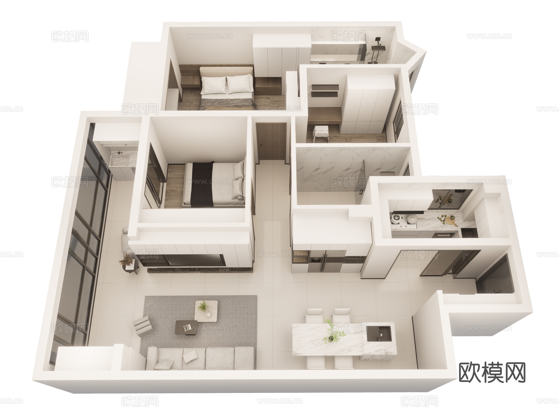 现代风格家装鸟瞰  样板房 客餐厅 卧室 厨房 卫生间 家具su模型