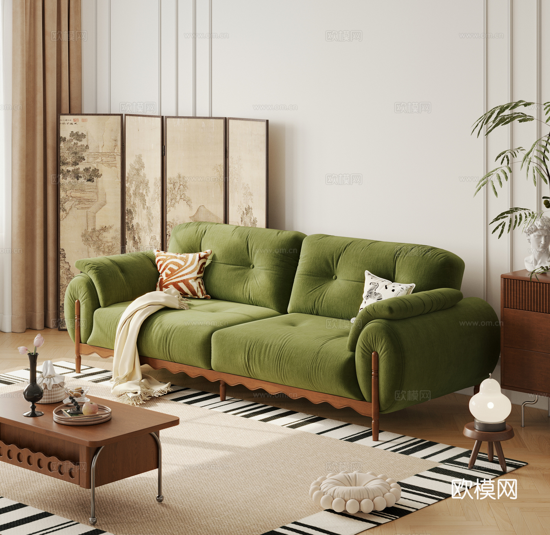 法式复古风沙发 双人位沙发 布艺沙发 实木沙发3d模型下载（渲染图1）