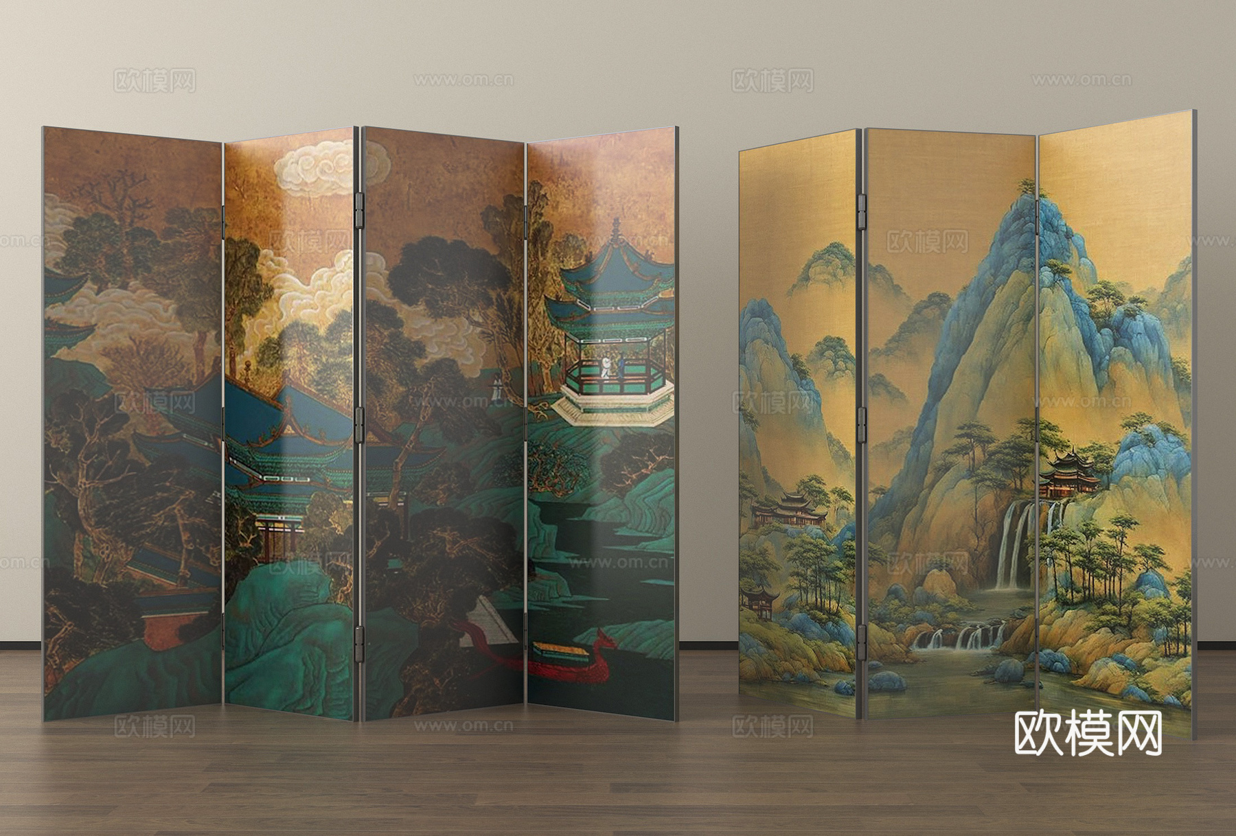 新中式折叠屏风隔断 实木格栅屏风su模型