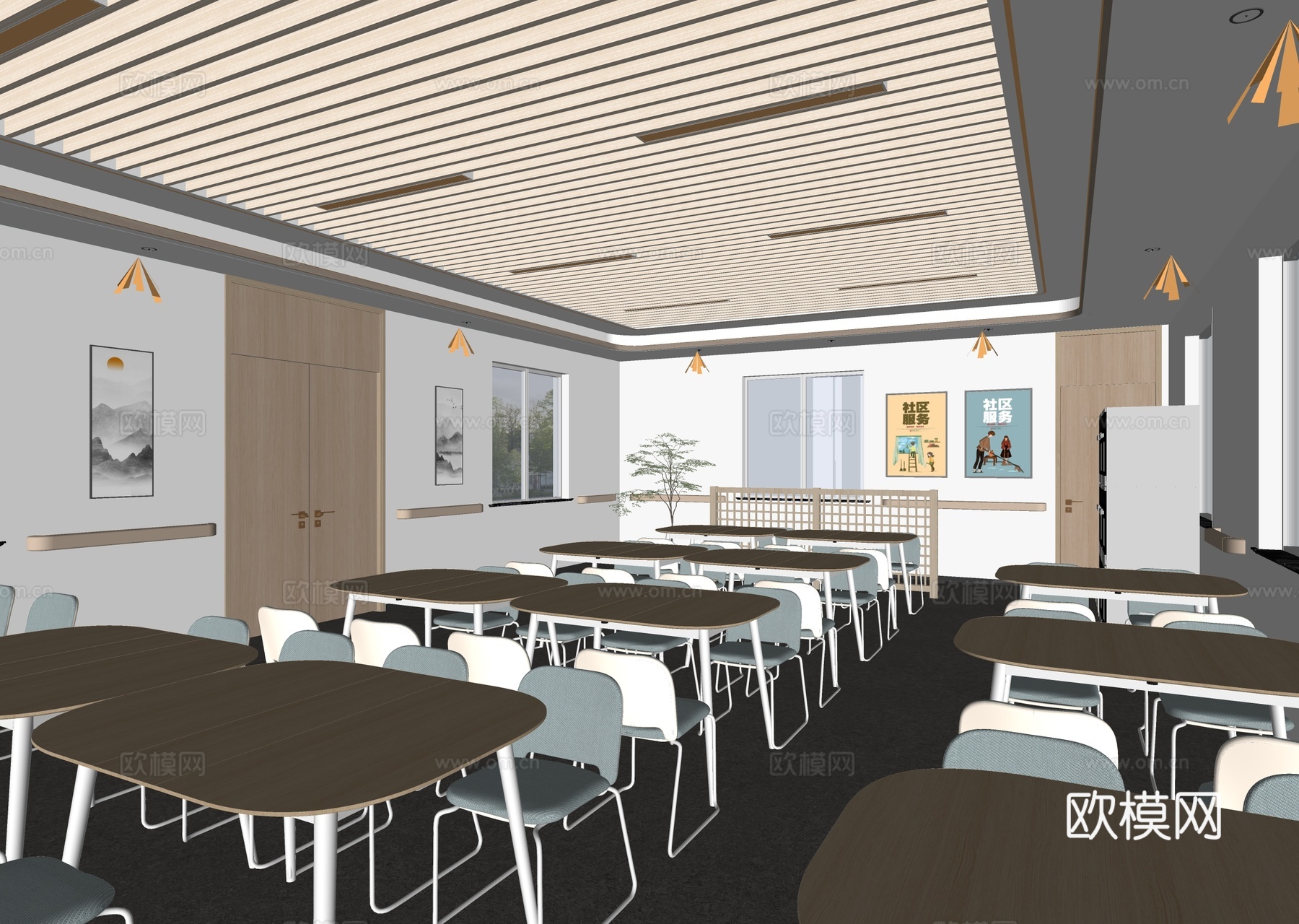现代食堂 餐厅 员工食堂 老年养老院食堂 餐桌椅 绿植su模型