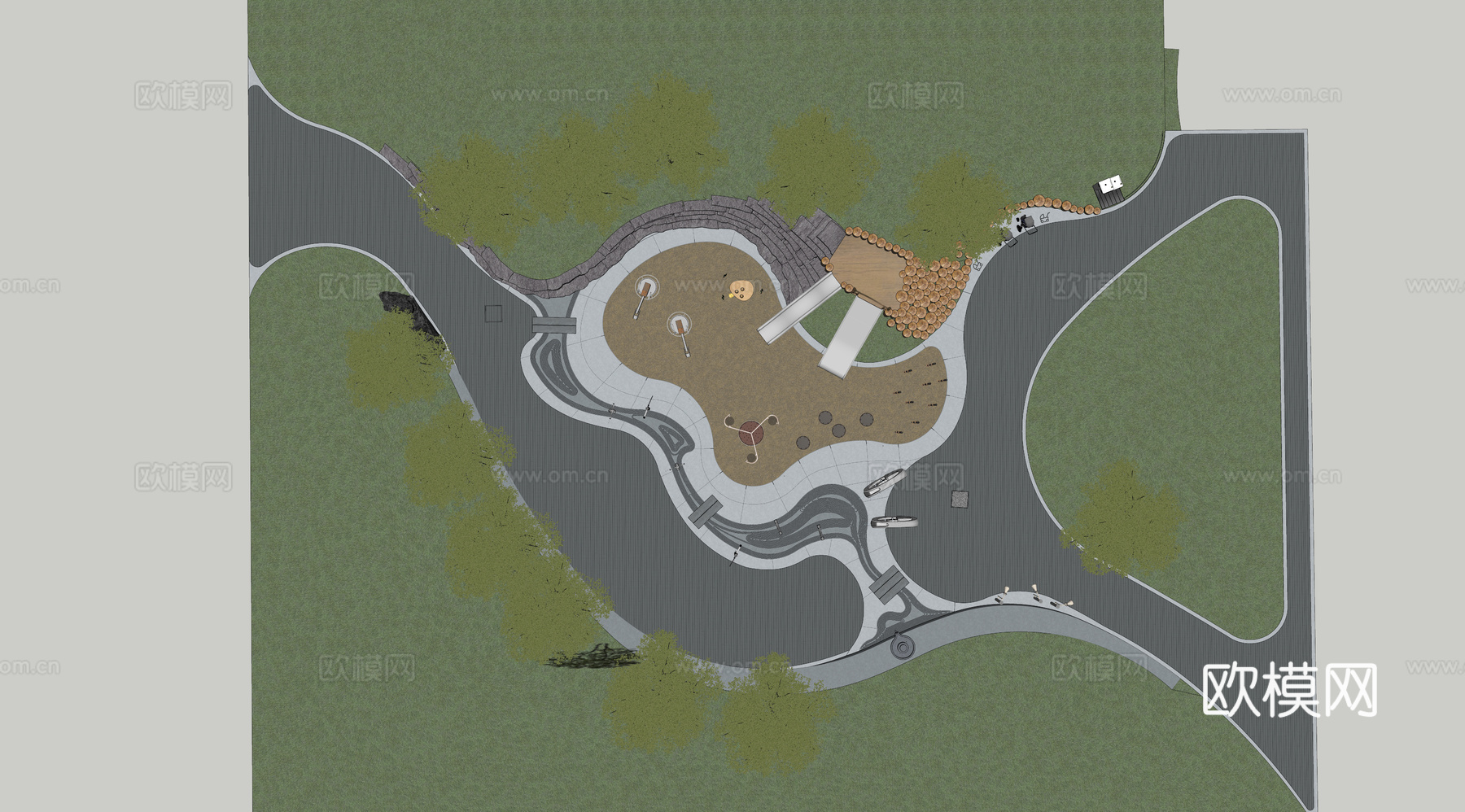 景观公园口袋公园 公园景观沙地 儿童游乐场地 滑梯沙地沙坑su模型