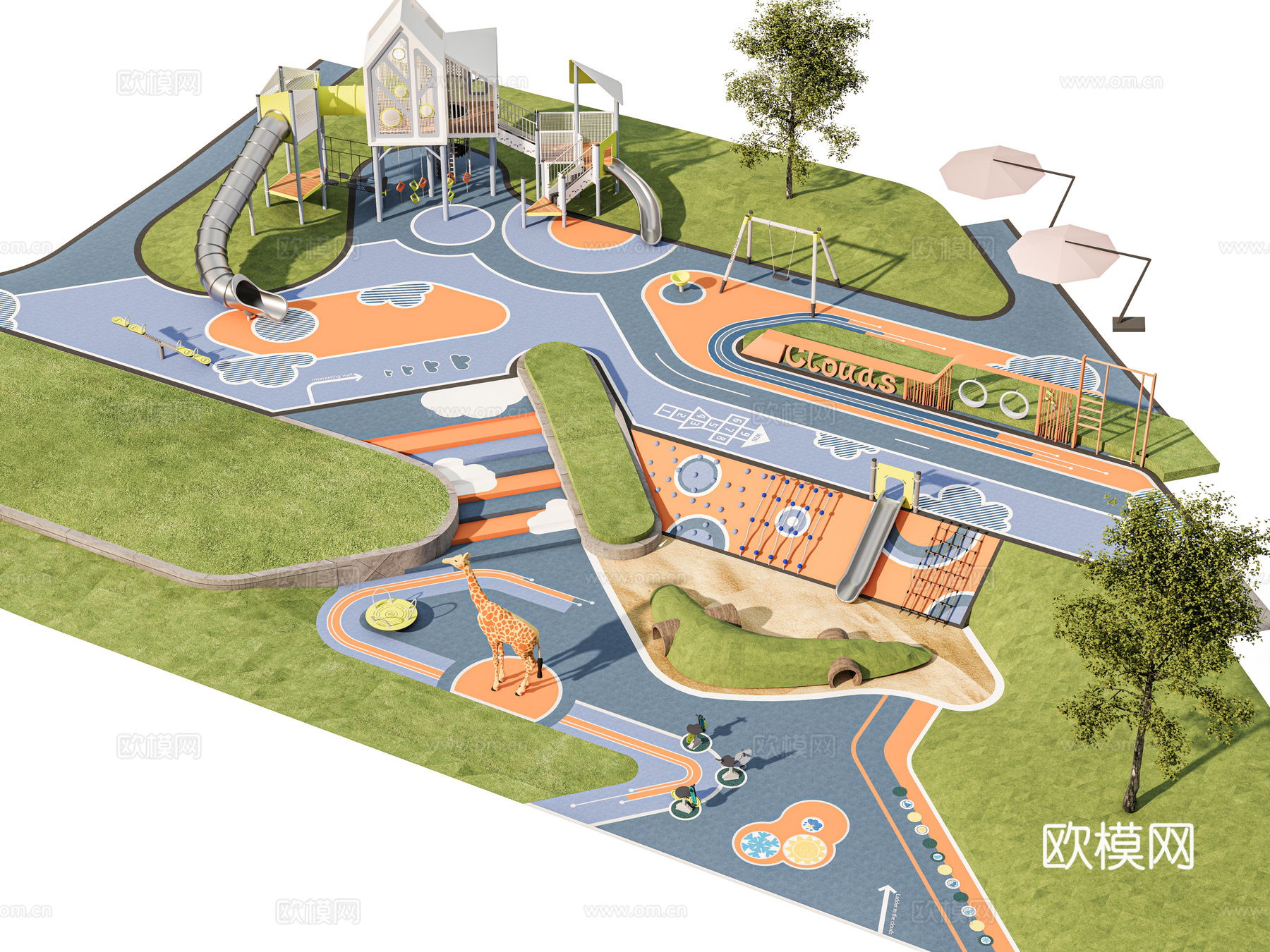 景观公园口袋公园 儿童游乐场地 塑胶跑道活动场地 滑梯 小区su模型