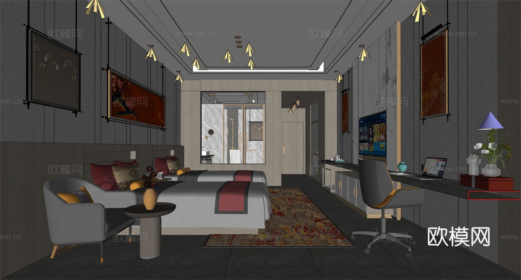 新中式酒店客房  双人间  双床房  背景墙su模型