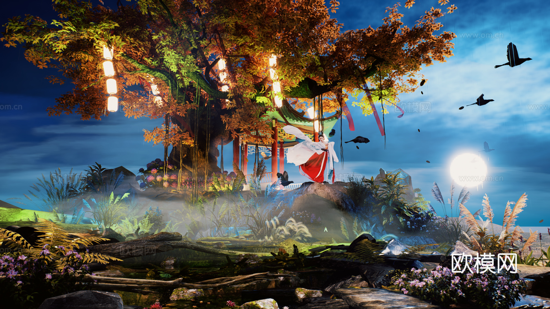 网红打卡国潮古风中秋灯笼集市美陈su模型