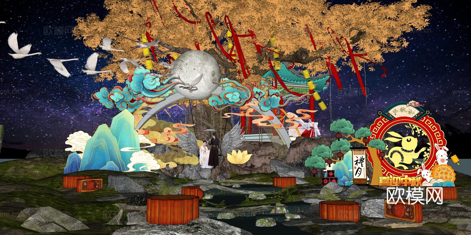 网红打卡国潮古风中秋灯笼集市美陈su模型