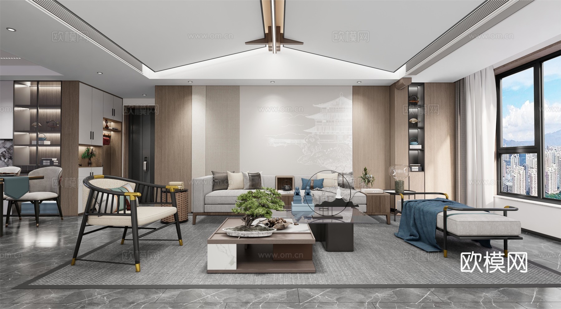 新中式客餐厅_沙发茶几组合su模型