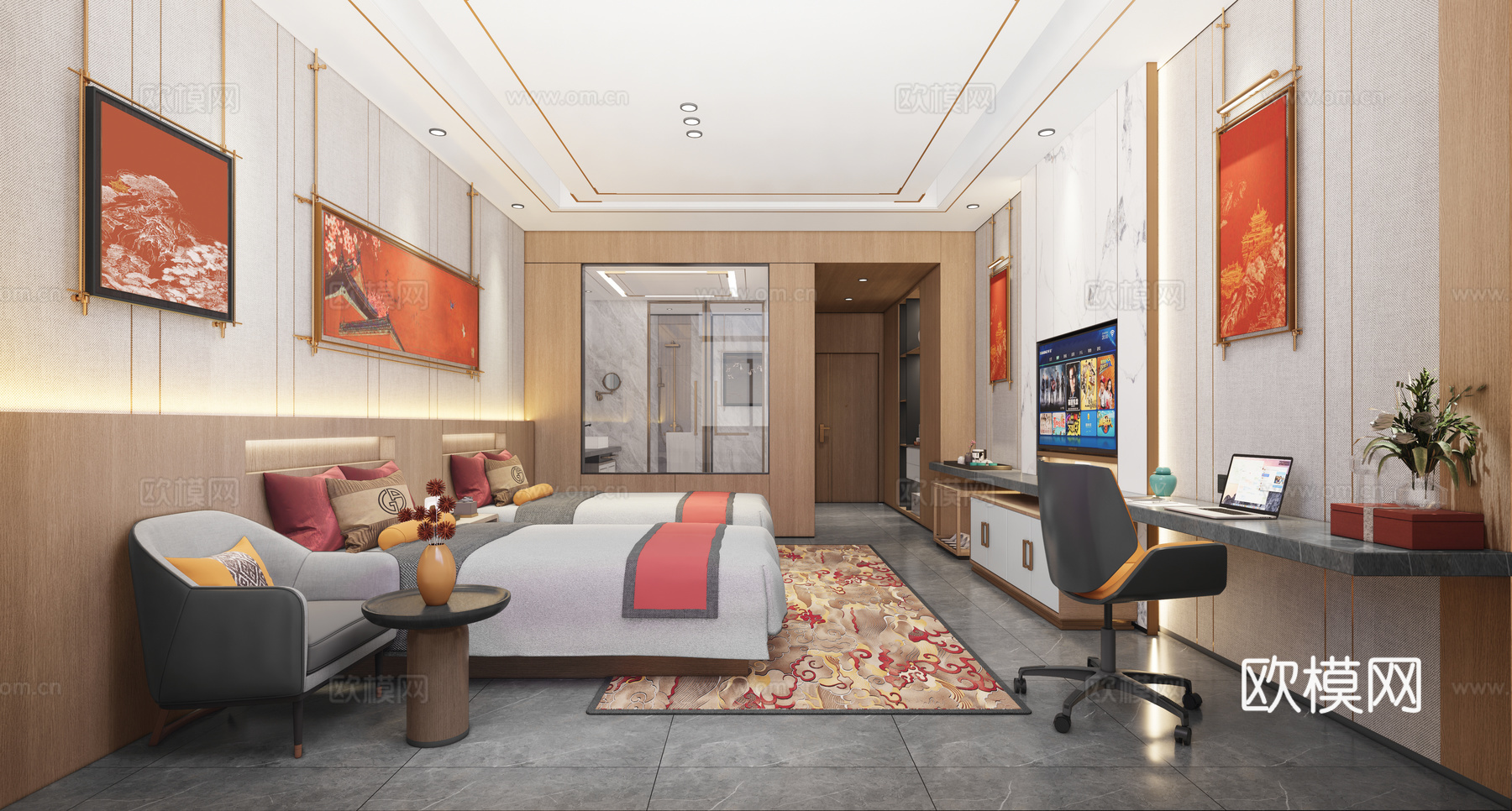 新中式酒店客房  双人间  双床房  背景墙su模型