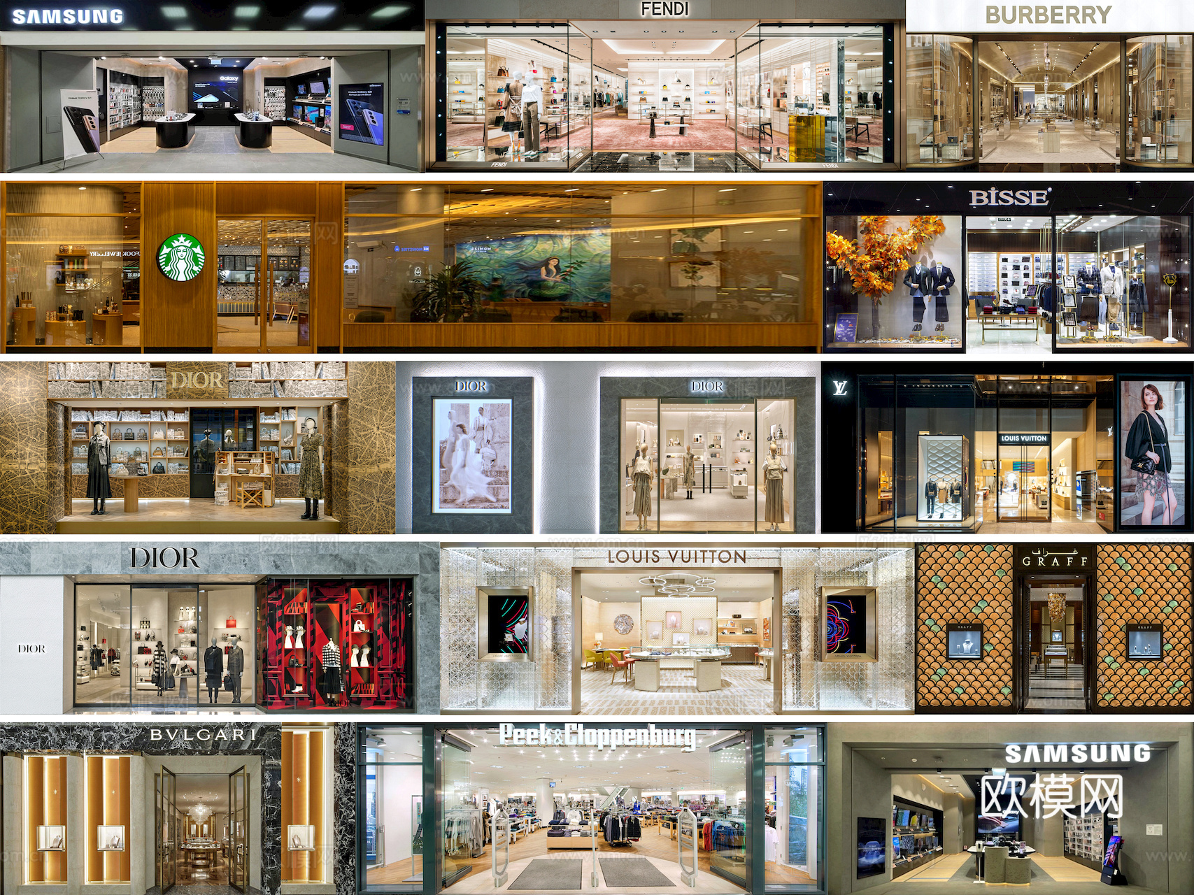 商场店铺门面夜景日景玻璃橱窗 写字楼大楼玻璃幕墙外立面贴图